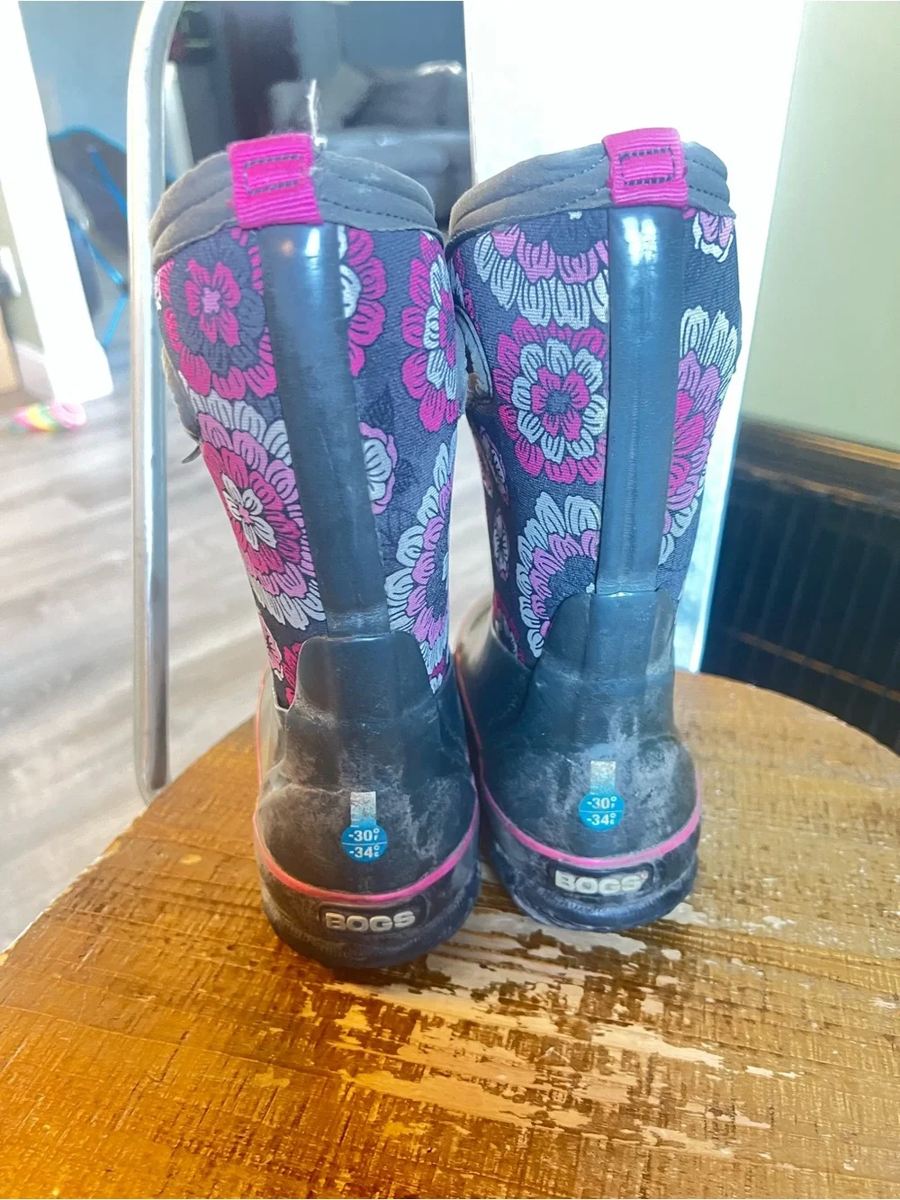 Bogs Kids Gray and Pink Floral Waterproof Rain Boots